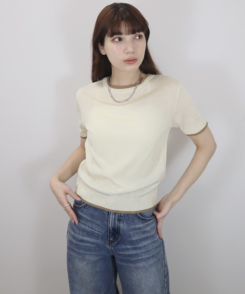 tシャツ バイカラー半袖トップス／bicolor short top サマーニット クルーネック シンプル きれいめ カジュアル モード オフィスカジ