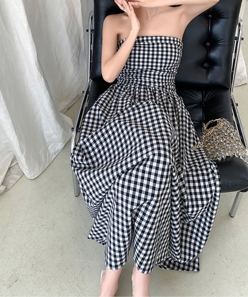 美品✨ アンドクチュール ヨーク 切替 ギンガム ボウタイ ロング ワンピース osharewalker ロング ワンピース レディース 長袖 ボリューム袖