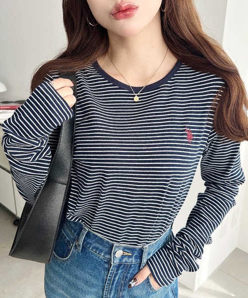 激レア♡ラルフローレン　ワンポイント刺繍ボーダーロングTシャツカットソー　白×紺 U.S. POLO ASSN. tシャツ U.S.POLO ASSNワンポイント刺繍袖くしゅく