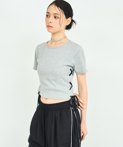 ANAP（アナップ） tシャツ 半袖 サイド レースアップ リボン リブ