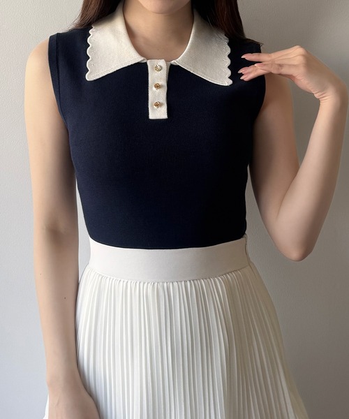 美品♡¥71,500タグ付き♡Rene スカラップニットドレス mipiarl ニット セーター 衿スカラップポロニットトップス レディース