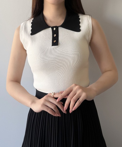mipiarl ニット セーター 衿スカラップポロニットトップス レディース