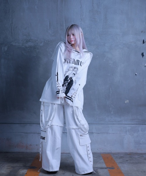 男女兼用　レース生地をあしらったお袖付きセーラータンクトップ　ホワイト見本 Amilige（アミリージュ） tシャツ Black Mirror Kittyセーラートップス