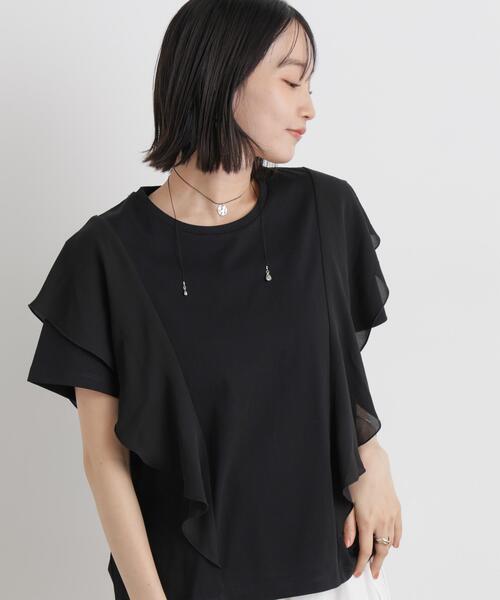 uvカット tシャツ 半袖 ラッフル異素材コンビカットトップス接触冷感＆UVカット機能付 レディース