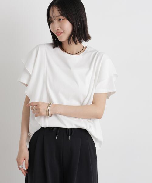uvカット tシャツ 半袖 ラッフル異素材コンビカットトップス接触冷感＆UVカット機能付 レディース