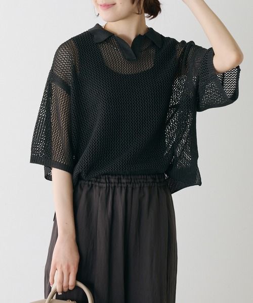美品 マノフ 2025 Collection メッシュニットポロシャツ黒 pual ce cin ポロシャツ ポロ メッシュニットポロ レディース