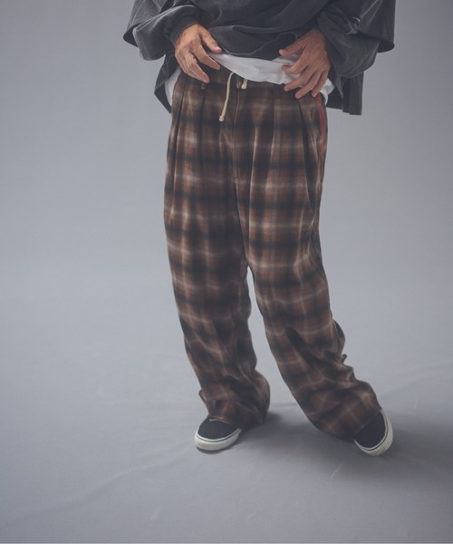 INSERCH ブラウン チェック柄 極太 バギー ワイド ギャング スラックス ADAM PATEK（アダムパテック） ワイドパンツ スラックス ADAMPATEK