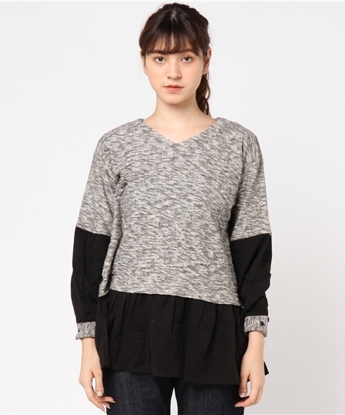 tシャツ M0565 マーブルスラブ布帛レイヤードロングプルオーバー レディース Audition tシャツ M0565 マーブルスラブ布帛レイヤードロング