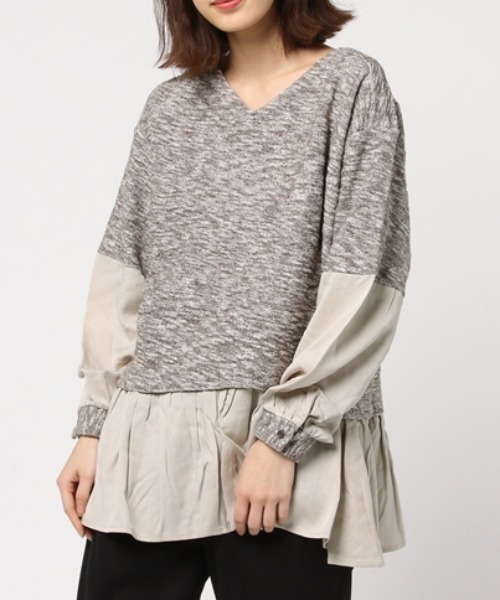 tシャツ M0565 マーブルスラブ布帛レイヤードロングプルオーバー レディース
