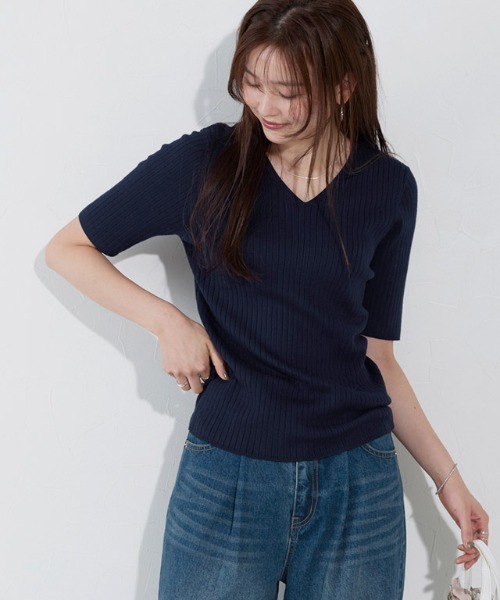 希少✨ドゥロワー 定価6.9万 ミラノ編みフリルスリーブニット 半袖 ネイビー 美品】ドゥロワー 定価6.9万 ミラノ編みフリルスリーブニット