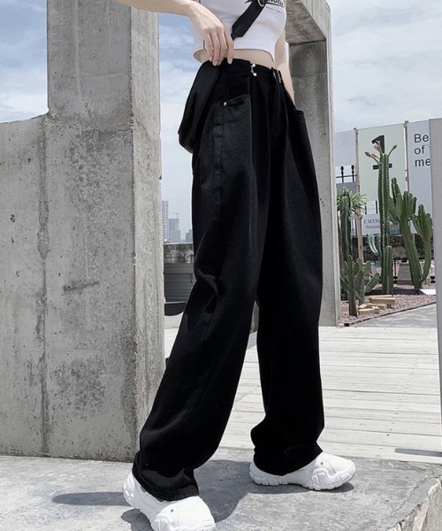 パンツ デニム ジーンズ 2WAYハイウエストタックストレートデニム 