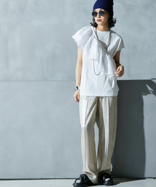 レディース フリル衿付フレンチスリーブTシャツ GEVS. 夏 | L/LL/3L/4L/5L | ニッセン nissen ニッセン レディース フリル衿付フレンチスリーブTシャツ GEVS