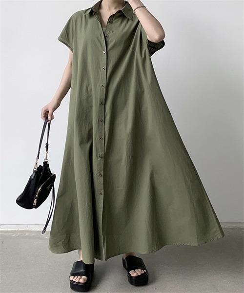 FREE STYLISTS シャツワンピース フレンチスリーブ マキシ丈シャツ