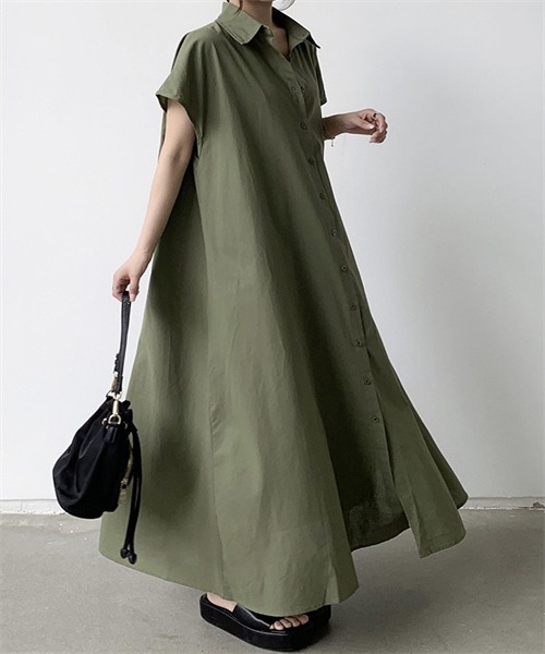 FREE STYLISTS シャツワンピース フレンチスリーブ マキシ丈
