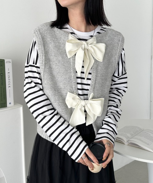 CLEA ベスト ジレ ダブルリボンニットショートベスト レディース