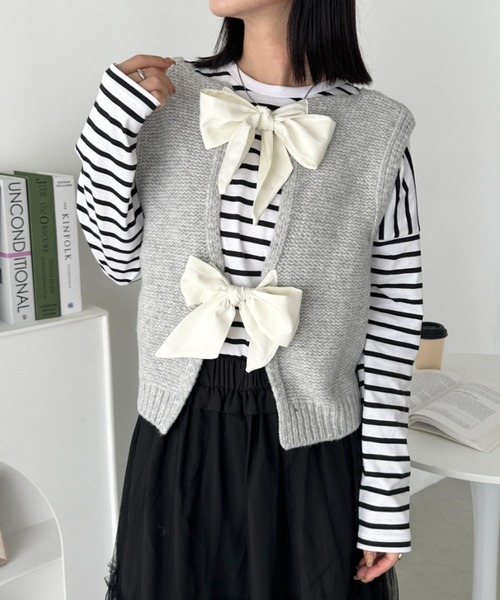 CLEA ベスト ジレ ダブルリボンニットショートベスト レディース