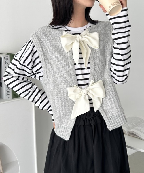 CLEA ベスト ジレ ダブルリボンニットショートベスト レディース