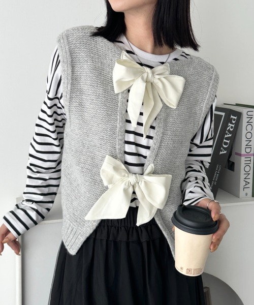 CLEA ベスト ジレ ダブルリボンニットショートベスト レディース