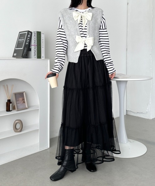 CLEA ベスト ジレ ダブルリボンニットショートベスト レディース