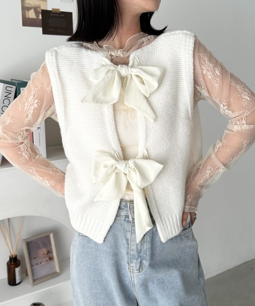 CADUNE カデュネ　ニットジレ　フリンジ　ベスト　ショート　ジレ CLEA ベスト ジレ ダブルリボンニットショートベスト レディース