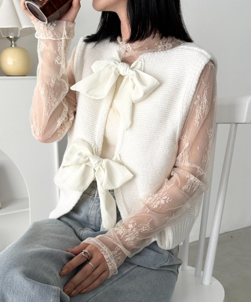 CLEA ベスト ジレ ダブルリボンニットショートベスト レディース