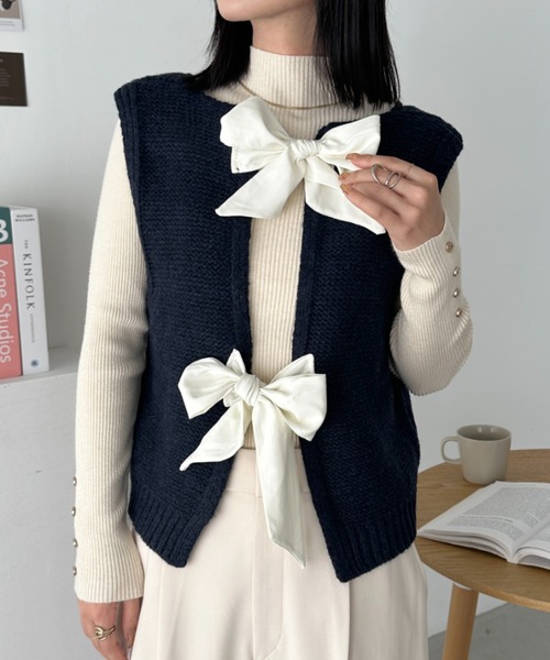 CLEA ベスト ジレ ダブルリボンニットショートベスト レディース