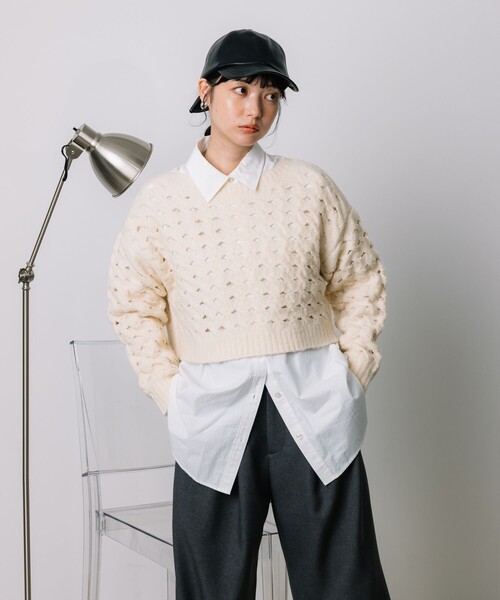 EXTE 売れ筋商品|||エクステ ニット&セーター アウター レディース Sweaters Grey FREAK'S STORE ニット セーター ケーブルチーズニット/透かし