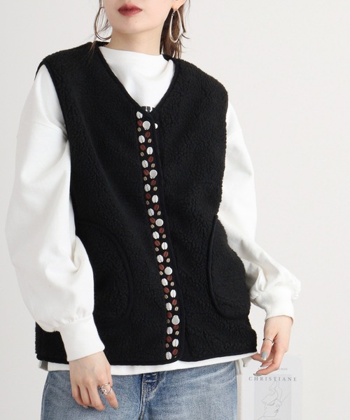 ベスト ジレ EMAGO コーヒーショップ刺繍ベスト レディース COO+i ベスト ジレ チャイナ風デザインベスト レディース