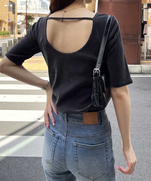 バックオープン 半袖カットソー ブラック nelliy. tシャツ 半袖 バックオープンカットソー レディース