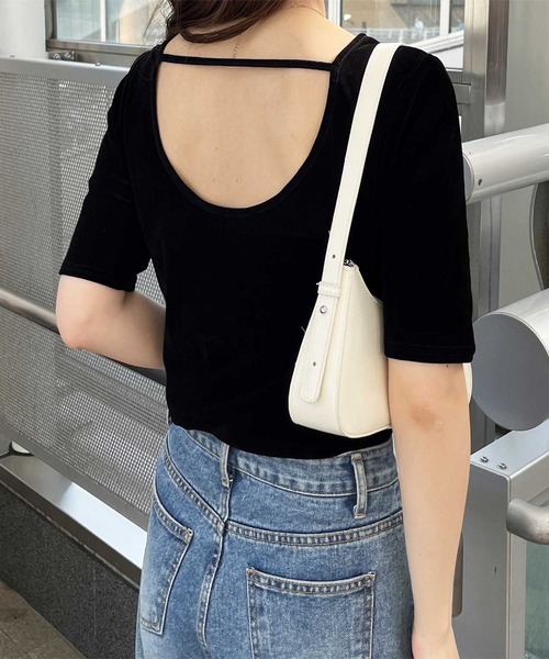 バックオープン 半袖カットソー ブラック nelliy. tシャツ 半袖 バックオープンカットソー レディース