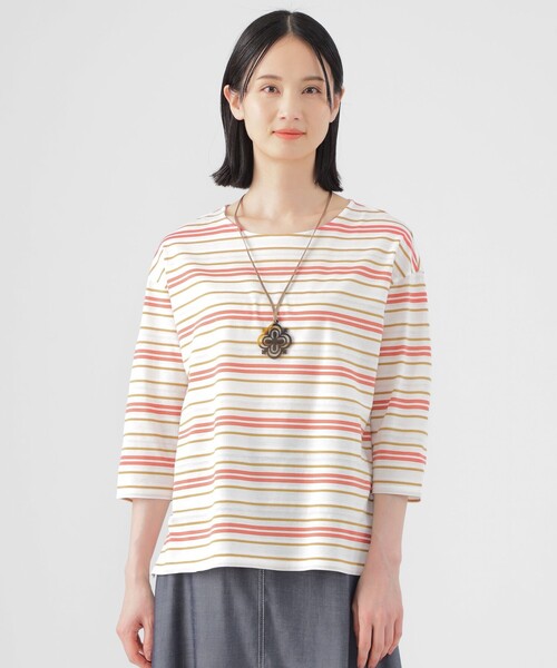 tシャツ 「ウォッシャブル」ジャカードボーダーシルケット　プルオーバー レディース