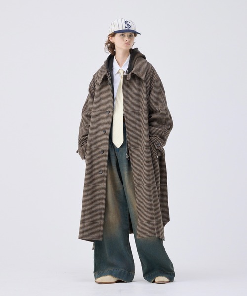soerte ステンカラーコート コート Heavy Melton Check Shaggy Over