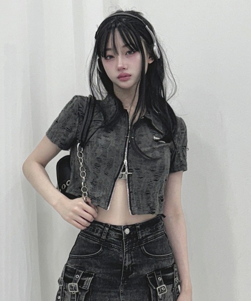 tシャツ ダメージダブルジップポロトップス レディース