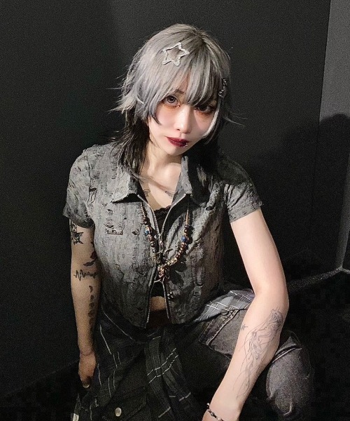 KsG tシャツ ダメージダブルジップポロトップス レディース