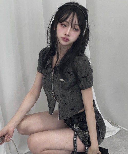 トップス K KsG tシャツ ダメージダブルジップポロトップス レディース