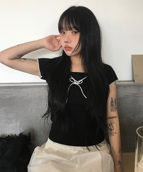 anyonemore tシャツ 半袖 フロントシャーリングリボンレース半袖T