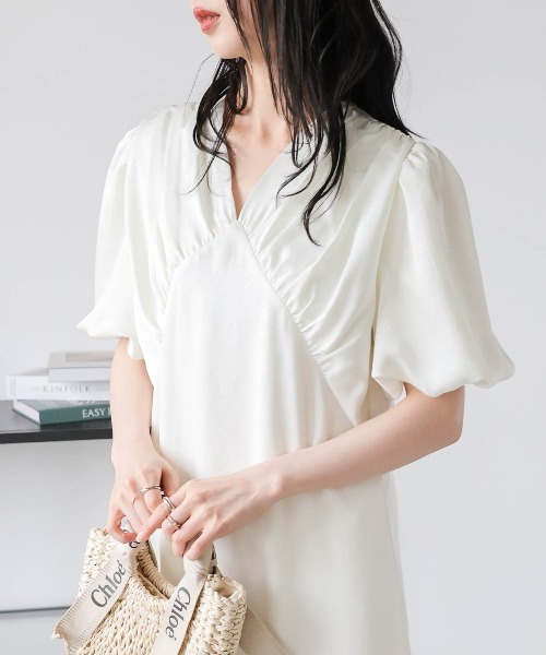 Lajour ワンピース 夏 半袖 「日本製」Vネックギャザーフレア