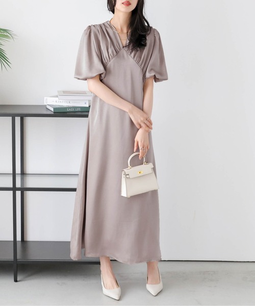 Lajour ワンピース 夏 半袖 「日本製」Vネックギャザーフレア