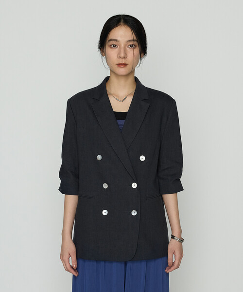 美品✨23区 大きいサイズコットンリネン ストレッチダブルブレスト ジャケット 23区 新品 コットンリネンストレッチダブルブレスト ジャケット