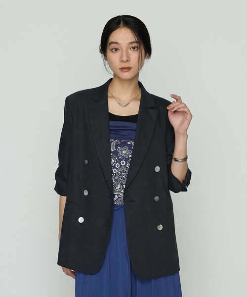 美品✨23区 大きいサイズコットンリネン ストレッチダブルブレスト ジャケット コットンリネンストレッチダブルブレスト ジャケット / 23区
