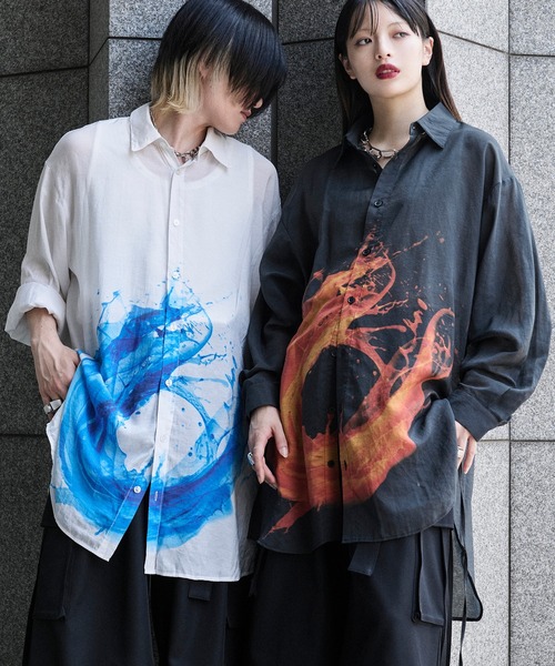 狐独 シャツ サークルペイントコードロングシアーシャツ メンズ