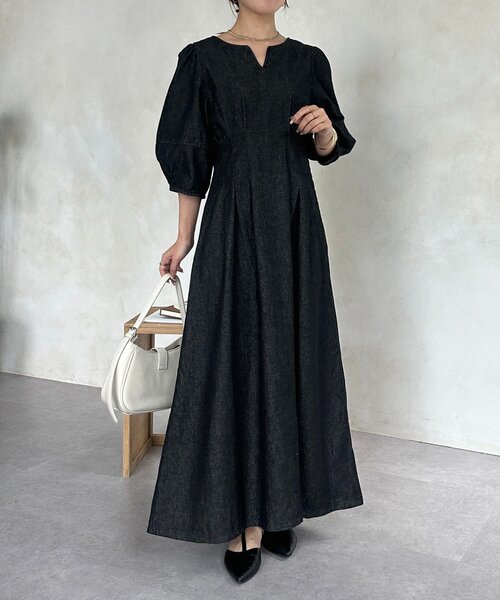 Thevon（ゼヴォン） ワンピース ウエストタックランタンスリーブデニム