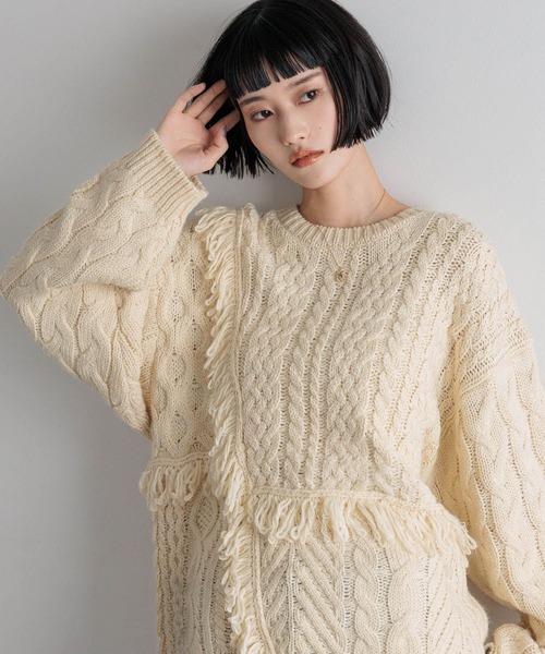☘️新品 アーリ EARIH ウール フリンジケーブル編みニット F ブラウン系 個性放つ1枚。フリンジ&ケーブル編みオーバーニット ce1050009