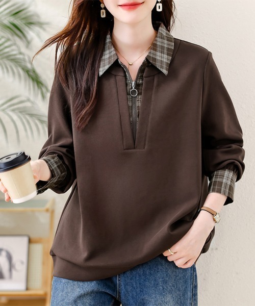 トレーナー スウェット チェック襟付きハーフジップスウェットトップス