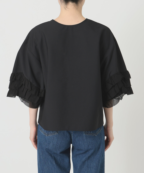 【美品】COLUMN フリル袖 ブラックシャツ 半袖 B.C STOCK（ベーセーストック） ブラウス シャツ 半袖 「追加」手洗い