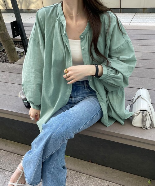 andme ブラウス シャツ 薄手コットン長袖バンドカラーシャツ