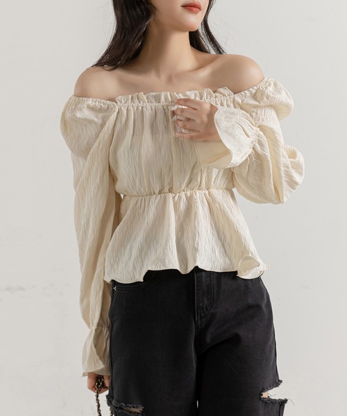 ブラウス シャツ キャミレイヤードオフショルペプラムシャツ レディース DAY CLOSET ブラウス シャツ レディース 長袖2WAYシボ加工