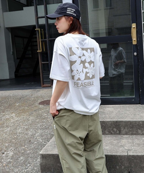 ANME tシャツ 前後ロゴ入りフラワープリント半袖Tシャツ レディース