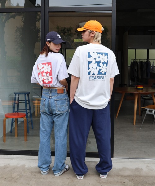 ANME tシャツ 前後ロゴ入りフラワープリント半袖Tシャツ レディース