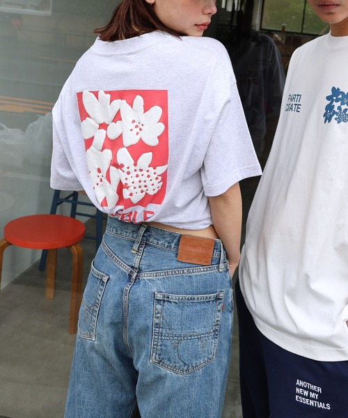 ANME tシャツ 前後ロゴ入りフラワープリント半袖Tシャツ レディース